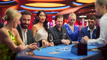 Portrait of a Glamorous Asian Woman at a Blackjack Gambling Table in a Modern Casino. Sensual...
