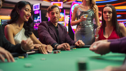 Diverse Group Playing Poker in a Luxurious Casino, Strategically Betting. High-Stakes, Focused Gamblers Analyzing Moves, Tension Rising on a Competitive Gambling Championship. 
