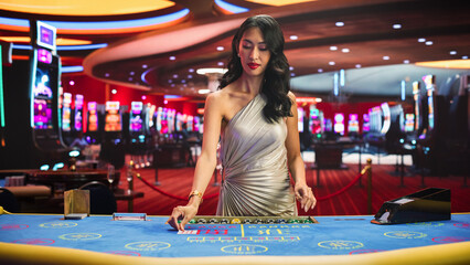 Portrait of a Beautiful Asian Female Croupier Dealing Playing Cards in a Casino for a Game of...