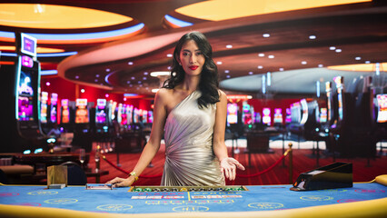 Portrait of a Professional Female Croupier Looking at the Camera and Welcoming You to a Table....