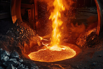Fiery Display Of Molten Metal And Spark Eruptions In Nickel Smelting Furnace - obrazy, fototapety, plakaty