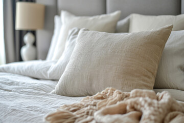 Fototapeta na wymiar Close-Up Of Beige Linen Linens On A Modern Pillow Bed