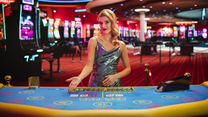 Portrait of a Female Croupier Looking at the Camera and Sharing the Results of a Baccarat Card...