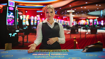 Professional Female Croupier in Casino Dealing Playing Cards on a Baccarat Table. Beautiful Dealer...
