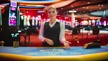 Professional Female Croupier in Casino Dealing Playing Cards on a Baccarat Table. Beautiful Dealer...