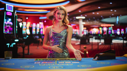 Beautiful Caucasian Woman Working As A Dealer At Classy Casino. Professional Female Baccarat Croupier In a Fancy Silver Dress, Presenting Playing Cards, Looking At Camera And Smiling