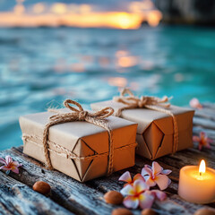 Beach Wellness: Yellow Ribbon Gift Box in Outdoor Setting