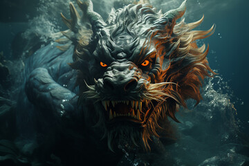 Shows a dragon swimming in calm waters, the waters are clear and calm