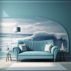 Modern living room in light blue colours with sofa, ocean scenery on the wall, minimalistic