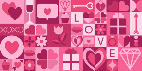 Rectangular geometric Valentines day seamless pattern. Icon with symbol of love. Heart, gift, arrow, key, ring, flower, lips, jewel. Trendy design for background, textile, packaging, wrapper, cover.