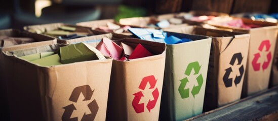 Recycled paper containers in recycle bin. - obrazy, fototapety, plakaty