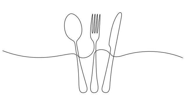 animated continuous single line drawing of cutlery, fork, knife and spoon, line art animation