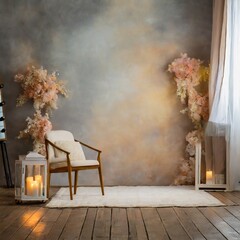 White armchair invitingly positioned in front of colorful floral wallpaper, creating a modern living room atmosphere