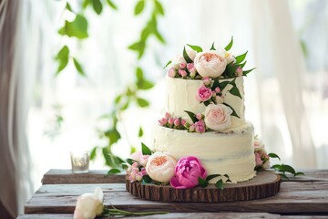 Obraz na płótnie Canvas Rustic wedding cake, Ranunculites theme, photograph , copy space.