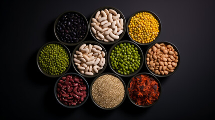 Various colorful legumes and cereals in black bowls background.
 - obrazy, fototapety, plakaty