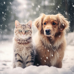 Cat and dog in winter landscape, photo realistic, cute pets
