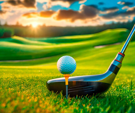 Golf ball on a tee and golf club, on the grass of a golf course at sunset
