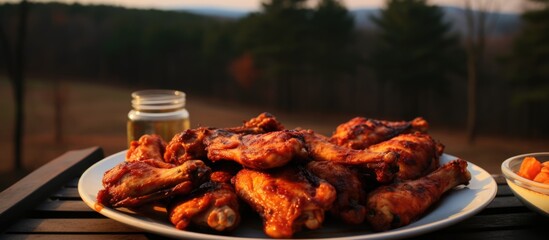 Spicy chicken leg pieces marinated in gochujang paste, honey, soya sauce, and garlic served outdoors with apple cider on a winter day.