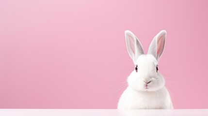 Obraz premium A beautiful white rabbit on a pink background with a copy space. Easter, holiday, animals, spring concepts.