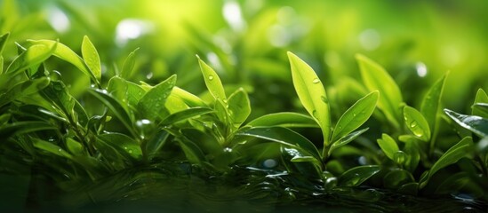 Fototapeta na wymiar Fresh green tea leaves close up, water focus.
