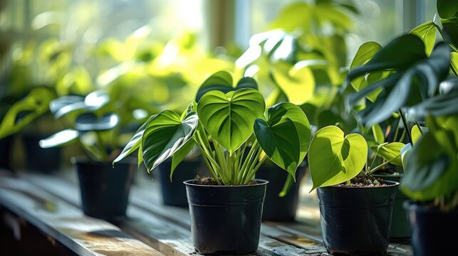 Several pots of lush heart leaf philodendron in a bright room. Generative AI.