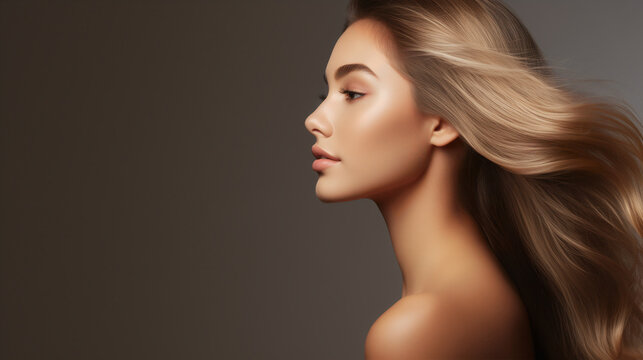 Young woman with golden blonde hair flowing back gracefully, her profile accentuated against a dark backdrop. The photograph highlighting themes of beauty, youth, and elegance.