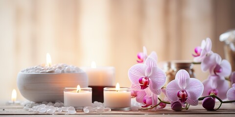 Fototapeta na wymiar Spa still life concept,Close up of spa theme on white wood background with burning candle and orchid