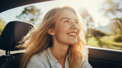 A woman's carefree spirit shines through as she smiles while riding in a convertible, feeling the wind in her blonde hair, embodying freedom and the joy of a road trip on a sunny day.