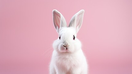 Obraz premium A beautiful cute white rabbit on a pink background with copy space for text. Easter, holiday, animals, spring banner concepts.