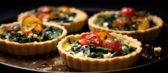 Spinach, feta, and tomato tartlets with garlic and cheese. - obrazy, fototapety, plakaty