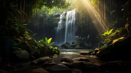 Panoramic view of a waterfall in the rainforest, Thailand