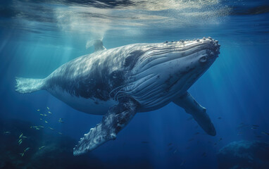 Whale swimming in the ocean,created with Generative AI tecnology.
