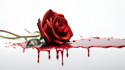 Sadness and pain, end of a relationship and romantic agony conceptual idea with close up on bleeding a red rose and a pool of blood isolated on white background, generative ai