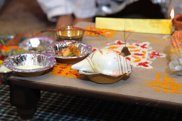 Closeup of sacred shankh at indian pooja