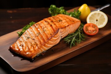 Grilled salmon on table