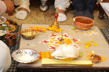 Closeup of pooja preparation at indian home