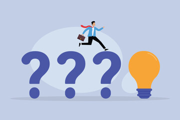 Businessman jumping above question marks towards on light bulb 2d flat vector illustration