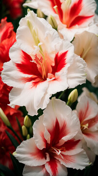 photo close up on beatifull light red znd white gladiolus flower details. AI generated