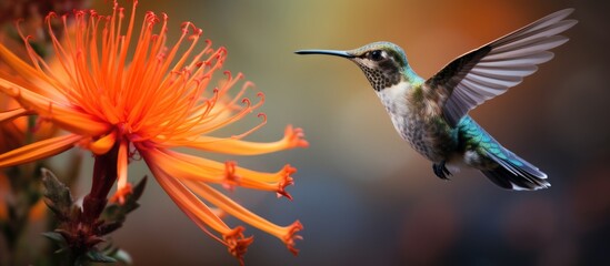 Fototapeta premium Tiny Costa Rican hummingbird, Selasphorus scintilla, near vibrant orange flower.