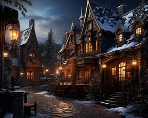 Winter night in the village with snow-covered houses. 3d rendering