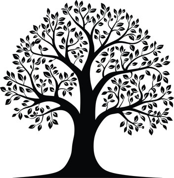 Tree with leaves silhouette black and white vector illustration isolated on transparent background