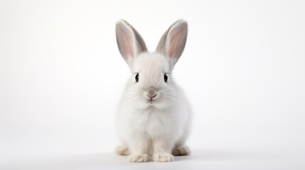 Obraz premium Close-up of Portrait of a white cute rabbit with surprised expression on a white background with copy space. Easter, holiday, animals, spring concepts.