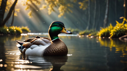 Beautiful duck swimming in the pond at golden hour. Generative Ai
