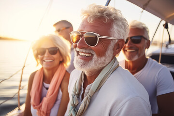 happy senior people on sailboat, group of smiling retired men and women on luxury yacht at sunset, sailing - obrazy, fototapety, plakaty