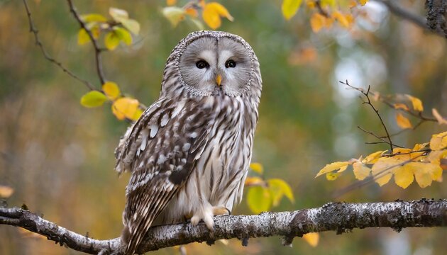 Ural Owl Sitting on a branch in autumn