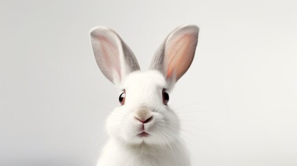 Close-up of Portrait of a white cute rabbit with surprised expression on a white background with copy space. Easter, holiday, animals, spring concepts.