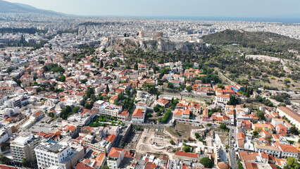 Aerial drone photo of iconic and picturesque Plaka and Monastiraki districts - Roman forum, Athens...
