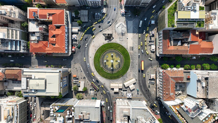 Aerial photo of recently renovated fountain of famous round square of Omonia in the heart of Athens...