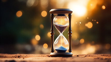 Sand running through the bulbs of an hourglass measuring the passing time in a countdown to a deadline, on a dark background with copy space, generative ai