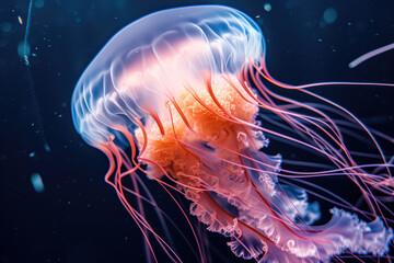 closeup of translucent jellyfish illuminated with a bioluminescent glow against a deep blue ocean backdrop